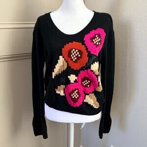 Le Coeur Twinset S Black Wool Alpaca Floral Intarsia Knit Sweater Parisian Chic